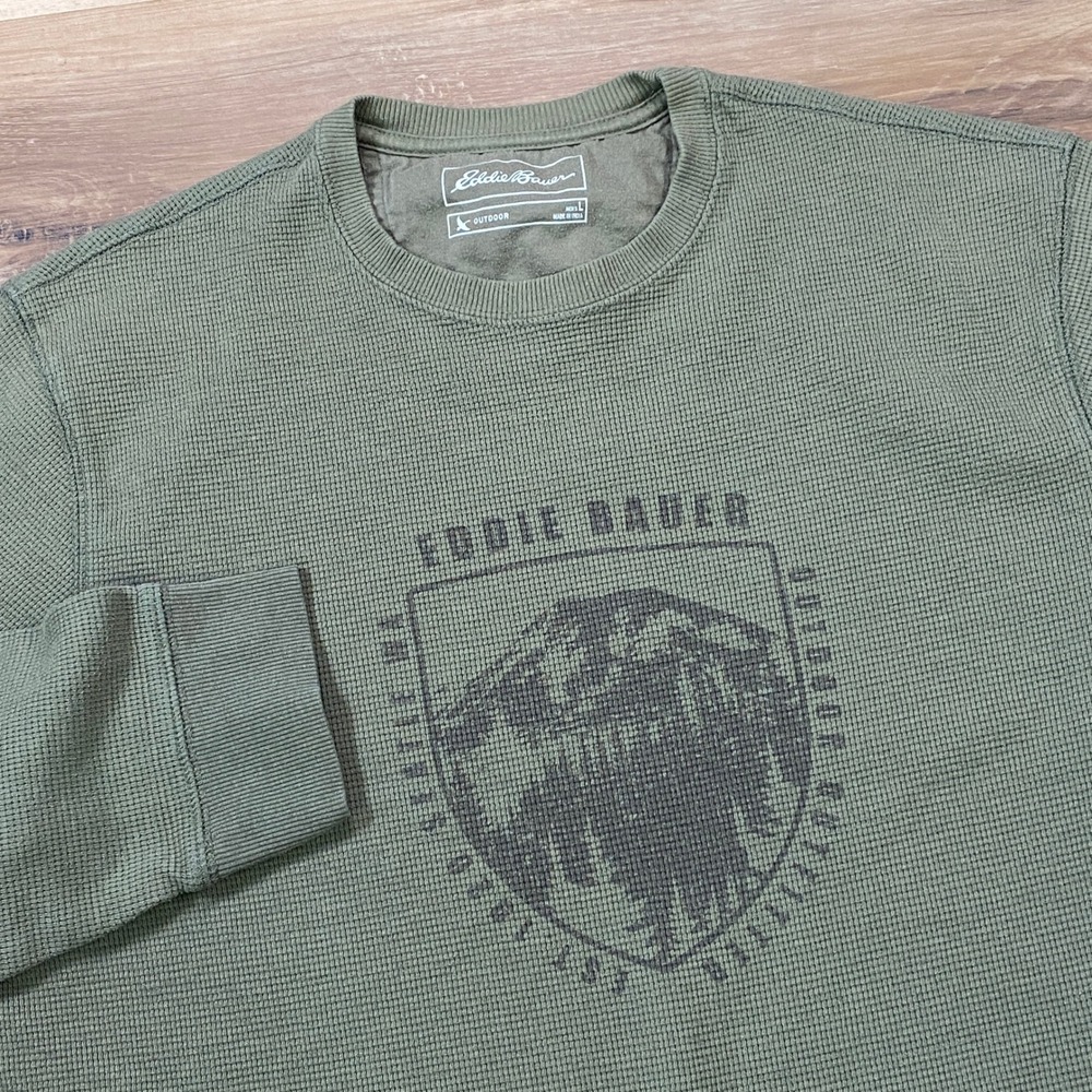 Eddie Bauer Thermal Shirt Mens L Gorpcore Cotton Blend Waffle Knit Olive Green